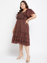 Women's Black and Orange Smocked Chiffon Midi Dress