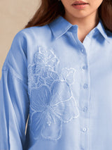 Women's Blue Casual Self-Design Full Sleeves Shirt