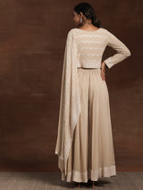 Women's Beige Ethnic Motif Embroidered Georgette Top with One Side Extended Sleeve & Solid Wide Leg Palazzo