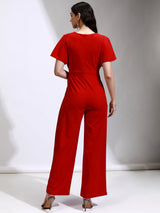 Women's Red Party Solid Half Sleeves Jumpsuit
