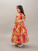 Girls Yellow & Red Digital Printed Gown Dress with Yellow Printed Jacket