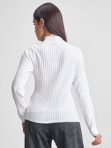 Women's White Casual Self-Design Full Sleeves Sweater