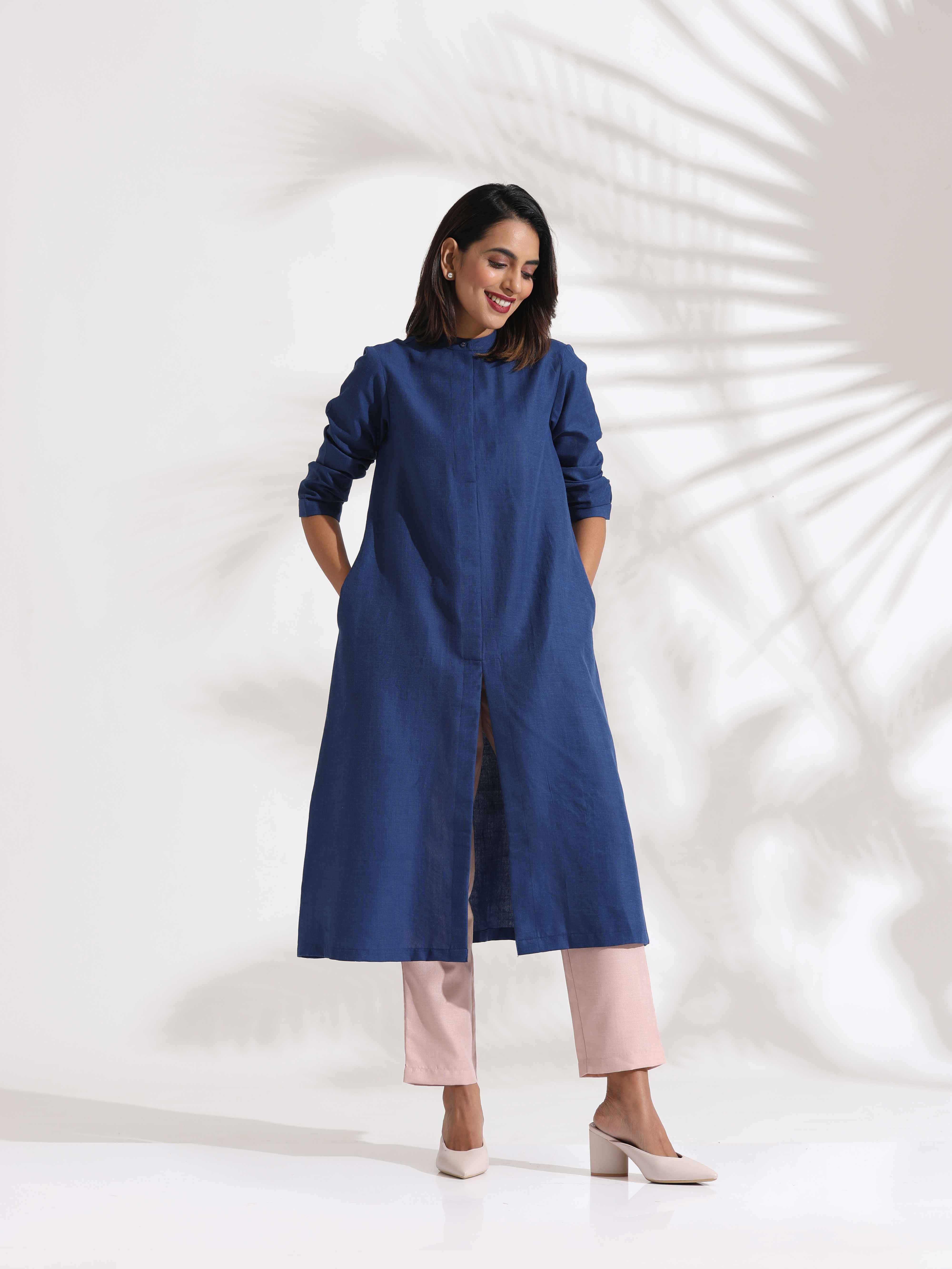 Women's Blue Slub Kurta Set
