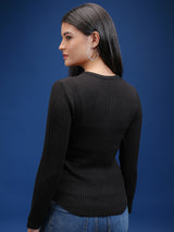 Women's Black Casual Solid Full Sleeves Sweater