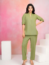 Women's Parrot Green Cotton Flex Co-Ord Set with Mandarin Collar & Stitched Button Details
