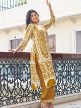 Women's Mustard Block Print with Kauri Embellishment Kurta Set
