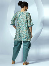 Women's Blue Floral Printed A-line Short Kurta With Printed Dhoti Pants