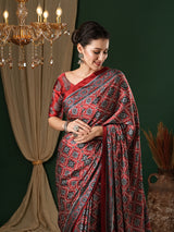 Women's Crepe Red Printed Designer Saree With Blouse Piece