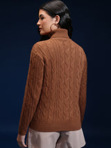 Women's Brown Casual Self-Design Full Sleeves Sweater