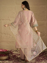 Women's Pink Kurta with Solid Ankle Length Palazzo and Embroidered Net Dupatta