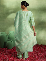 Women's Green Silk Blend Embroidered Yoke Design Straight Kurta and Trouser with Self Design Dupatta