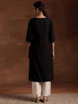 Women's Black Floral Patched Yoke Straight Kurta with Pocket