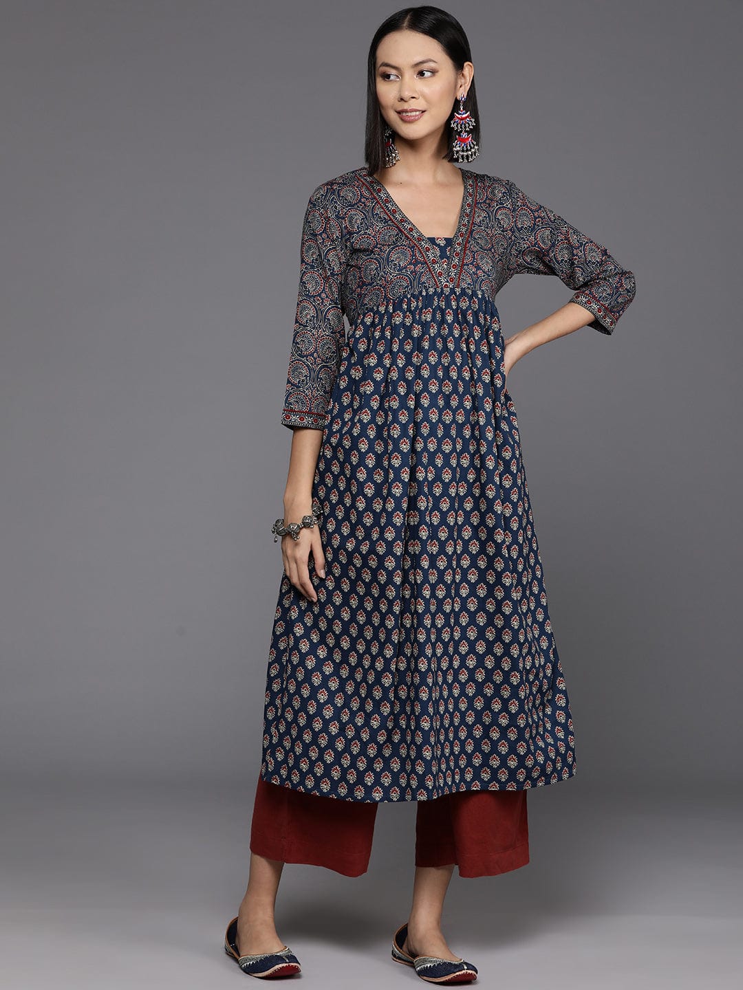 Women's Blue And Maroon Bandez Printed Anarkali Kurta