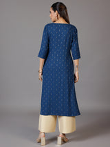 Women's Women Blue Floral Yoke Embroidered Cotton Blend Kurta with a Pocket