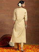 Women's Beige Silk Blend Yoke Design Kurta and Beige Silk Blend Solid Trouser with Both Side Pocket