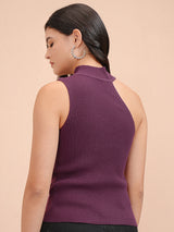 Women's Purple Casual Self-Design Sleeveless Sweater