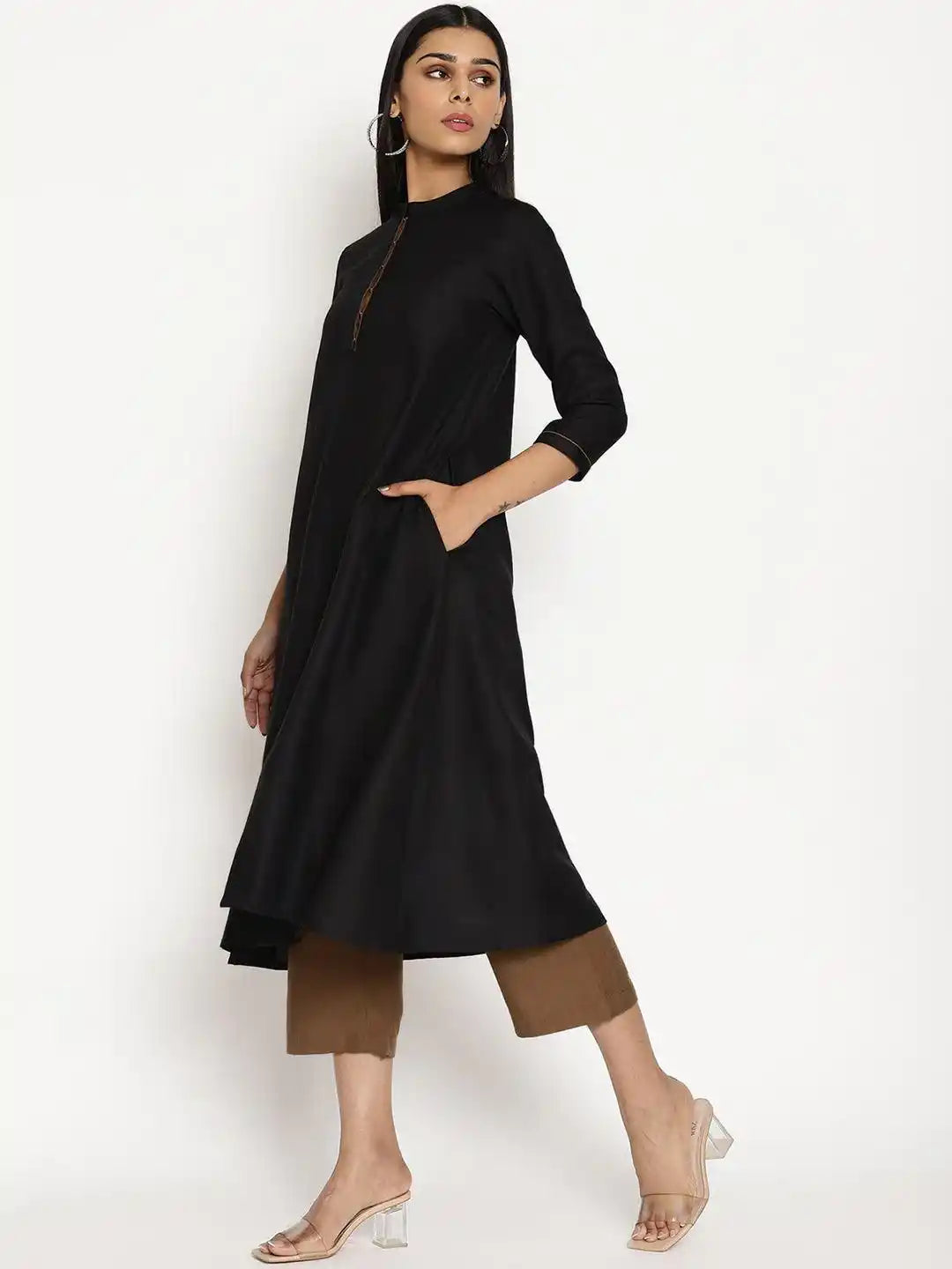 Women's Black Cotton Linen Kurta Pant Set