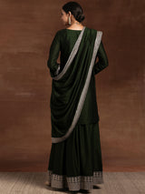Women's Black Embroidered Straight Kurta With Palazzo and Solid Dupatta