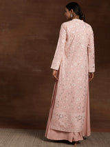 Women's Pink Solid Crop Top with Solid Wide Leg Palazzos and Floral Embroidered Long Shrug