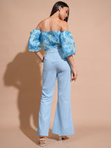 Women's Blue Party Floral Half Sleeves Jumpsuit