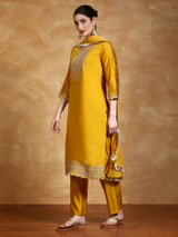 Women's Yellow Zari Embroidered Yoke Kurta with Trouser and Dupatta