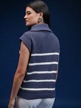 Women's Blue Casual Striped Sleeveless Sweater
