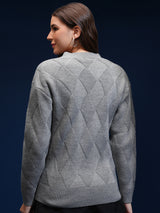 Women's Grey Casual Self-Design Full Sleeves Sweater