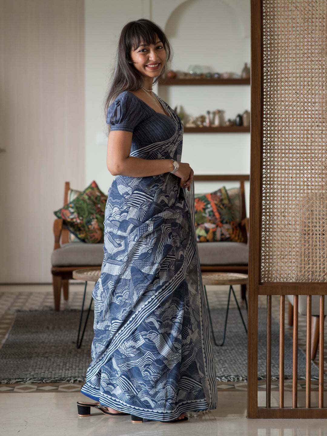Women's Blue Cotton Viscose Saree