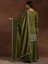 Women's Olive Ethnic Motif Zari Embellished Short Kurta With Palazzos and Dupatta