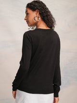 Women's Black Casual Solid Full Sleeves Sweater