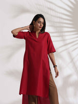 Women's Red Slub Highslit Kurta Set