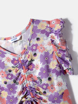 Girls Purple Printed Elastic Detail Top