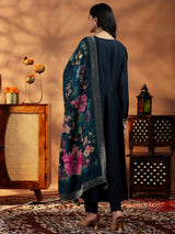 Women's Blue Floral Zari Embroidered Yoke Design Kurta With Trouser and Dupatta