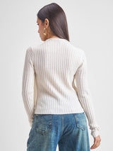 Women's Off White Casual Self-Design Full Sleeves Sweater