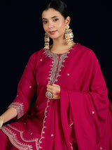 Women's Fuchsia Straight Fit Kurta With Zari Embroidery With Sharara And Dupatta