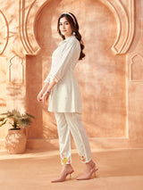 Women's White Multi-Thread Embroidered Chinon Co-Ord Set with Scallop 3/4th Sleeves