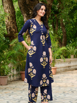Women's Navy Floral Cotton A-Line Kurta Set
