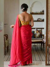 Women's Red Cotton Blend Saree