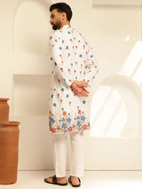 Men's White Cotton Daman Print Long Kurta with Krochet Embroidery