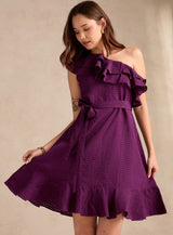 Women's Purple Soft Ruffle One Shoulder Dress
