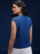 Women's Blue Casual Self-Design Sleeveless Sweater