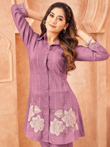Women's Lavender and Cream Embroidered Chinon Co-Ord Set with Bold Floral Patchwork