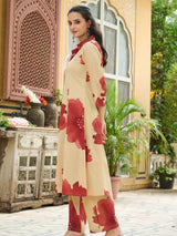 Women's Beige and Rust Floral Shirt-Style Kurta Set