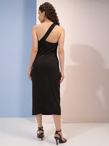 Women's Black Party One Shoulder Sleeveless Cut-Outs Bodycon Midi Dress