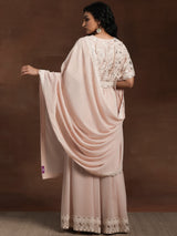 Women's Pink Floral Embroidered Georgette Crop Top with Embroidered Hem Palazzo and Solid Dupatta