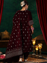 Women's Wine Ethnic Motif Embellished Velvet Kurta With Salwar and Dupatta