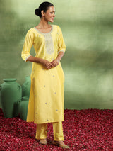 Women's Yellow Silk Blend Embroidered Yoke Design Straight Kurta and Trouser with Self Design Dupatta