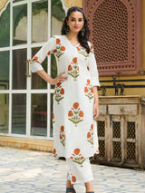 Women's White and Rust Bold Floral A-Line Kurta Set