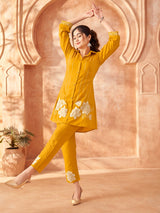 Women's Mustard and Cream Embroidered Chinon Co-Ord Set with Bold Flower Patchwork