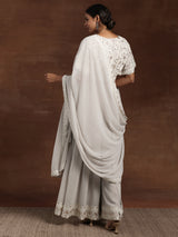 Women's Grey Floral Embroidered Georgette Crop Top with Embroidered Hem Palazzo and Solid Dupatta